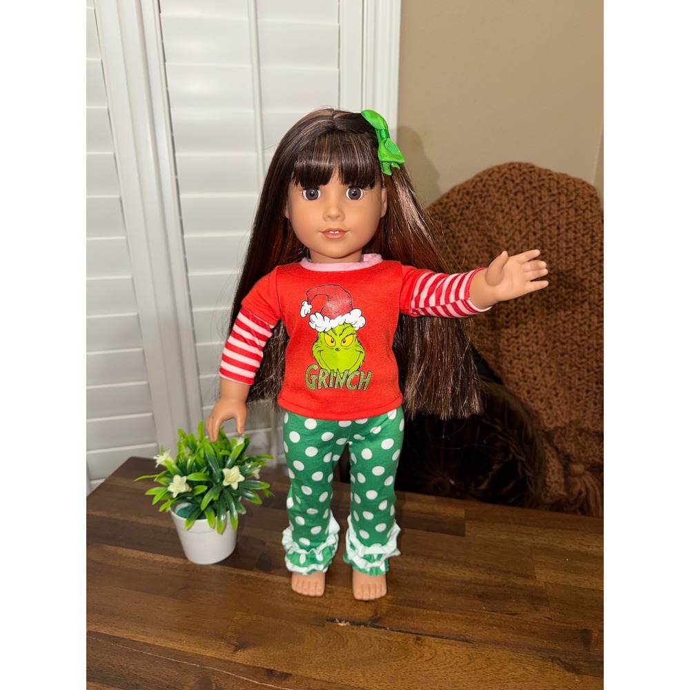 American Girl Doll 122 Brown Hair Highlights Grinch Holiday Outfit & Bow